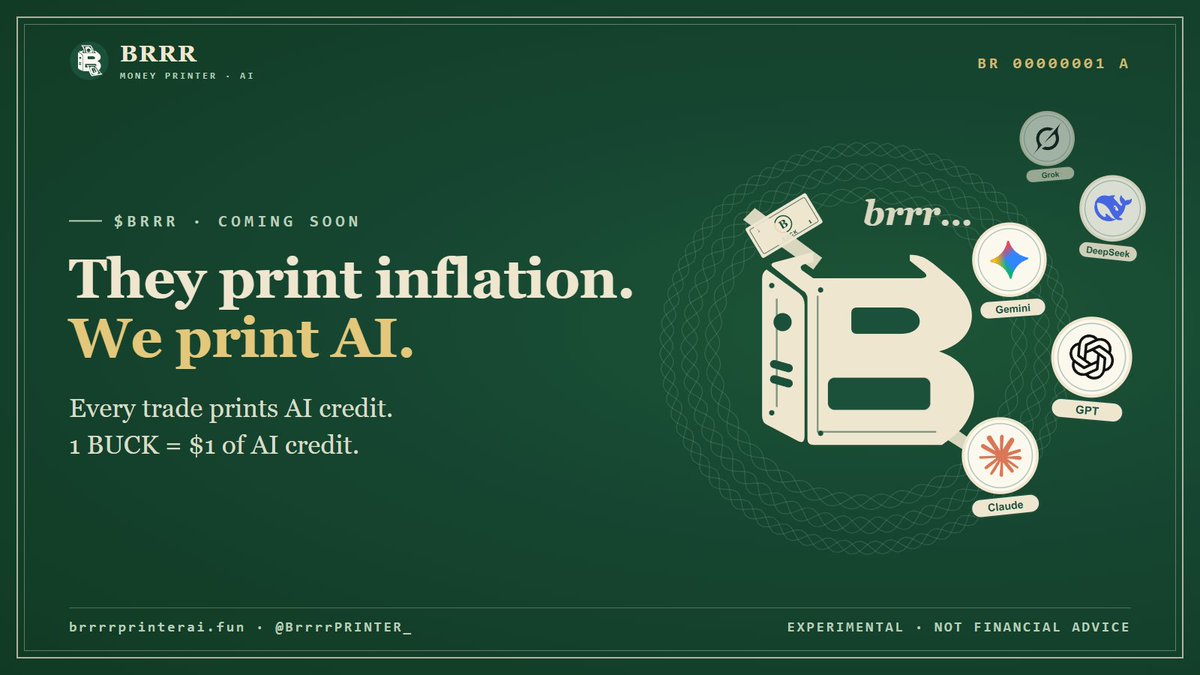 BrrrrPRINTER_'s tweet photo. The printer is live. 🖨️

$BRRR is now printing on https://t.co/uNjX6WJa9o. Every trade prints AI credit.
The CA is in our pinned post. Ignore DMs and anyone else posting a CA.

Read the rules:
https://t.co/RXKhlC1Dk1
#BNBChain #memecoin https://t.co/6VXBgeLoYL