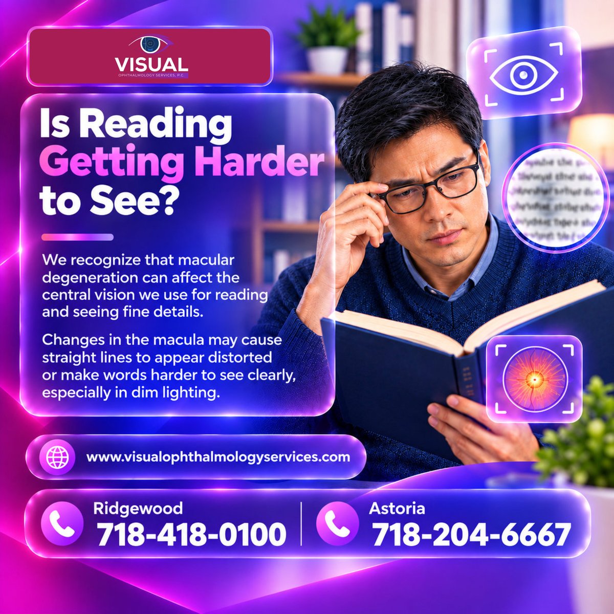 visualospc's tweet photo. Finding reading harder than it used to be? 👁️ 

Macular degeneration can affect central vision and make words, faces, and fine details more difficult to see. 📖 Distorted lines or a need for brighter light may also occur. 

#RidgewoodNY #AstoriaNY #OphthalmologyClinic https://t.co/y8tY61JY7H