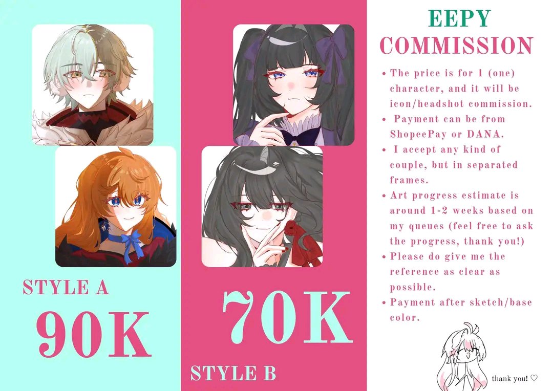 anxgrskanojo_'s tweet photo. halo! aku buka commission di bawah, silakan dibeli apabila berminat (⁠人⁠⁠•͈⁠ᴗ⁠•͈⁠)♡ kalau ada yang perlu didiskusikan kembali tentang ToS, silakan dm! <3 untuk slot always available 🌸

retweets are really appreciated!!! 🥹🩷 https://t.co/UVxhVDhNF6