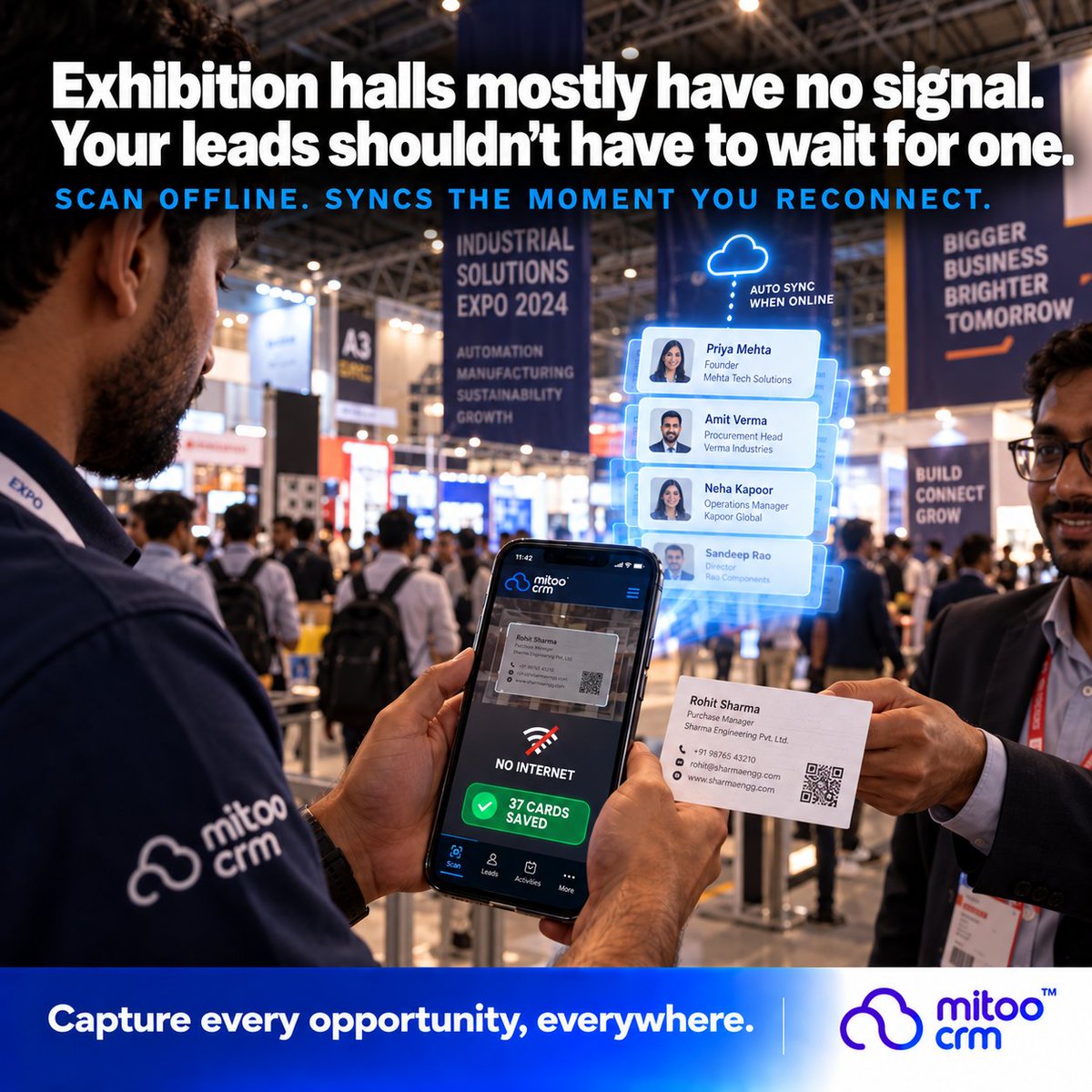 MitoCRM's tweet photo. Exhibition halls mostly have no signal. Your leads shouldn't have to wait for one.

Scan offline. Syncs the moment you reconnect.

🔗 https://t.co/ILb84RYhMg

#CRM #LeadCapture https://t.co/WYgzcEvKGN