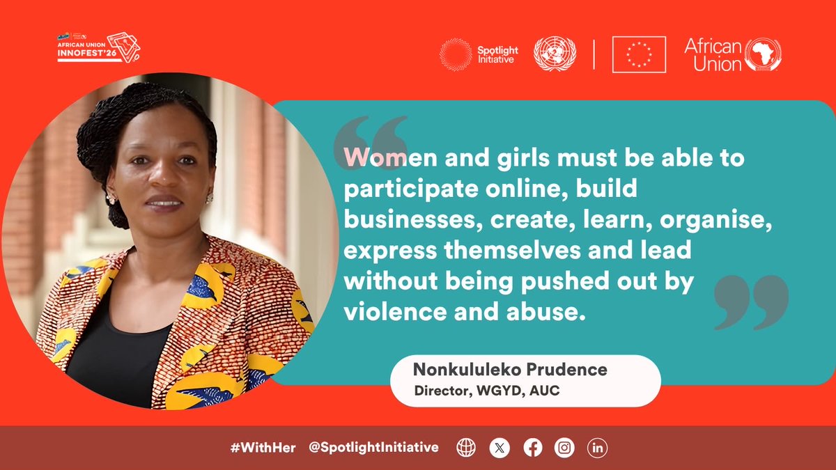 UNSpotlight's tweet photo. Innovation works best when it includes everyone.

At #AUInnoFest26, Spotlight Initiative’s Africa Regional Programme joined the @_AfricanUnion to spotlight how technology can help create safer spaces for women and girls.

Hear the key takeaways from our speakers. #AUInnovationLab https://t.co/iMyARxpTKv