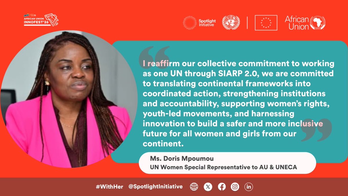 UNSpotlight's tweet photo. Innovation works best when it includes everyone.

At #AUInnoFest26, Spotlight Initiative’s Africa Regional Programme joined the @_AfricanUnion to spotlight how technology can help create safer spaces for women and girls.

Hear the key takeaways from our speakers. #AUInnovationLab https://t.co/iMyARxpTKv