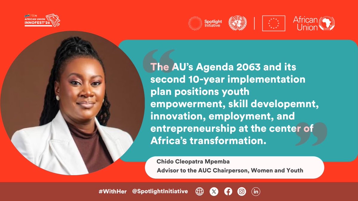 UNSpotlight's tweet photo. Innovation works best when it includes everyone.

At #AUInnoFest26, Spotlight Initiative’s Africa Regional Programme joined the @_AfricanUnion to spotlight how technology can help create safer spaces for women and girls.

Hear the key takeaways from our speakers. #AUInnovationLab https://t.co/iMyARxpTKv