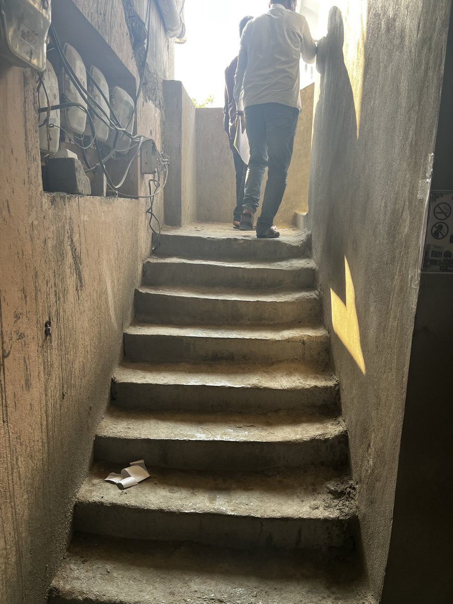 TopDriverIndia's tweet photo. I accompanied my mother for a land sale registration on Saturday near Choutuppal sub registrar office.
It was on the first floor, and these are the stairs! 
No lift 

Considering  transactions worth crores are done in the Sub registrars office. Why cannot the government provide us a safe & clean environment for this ?