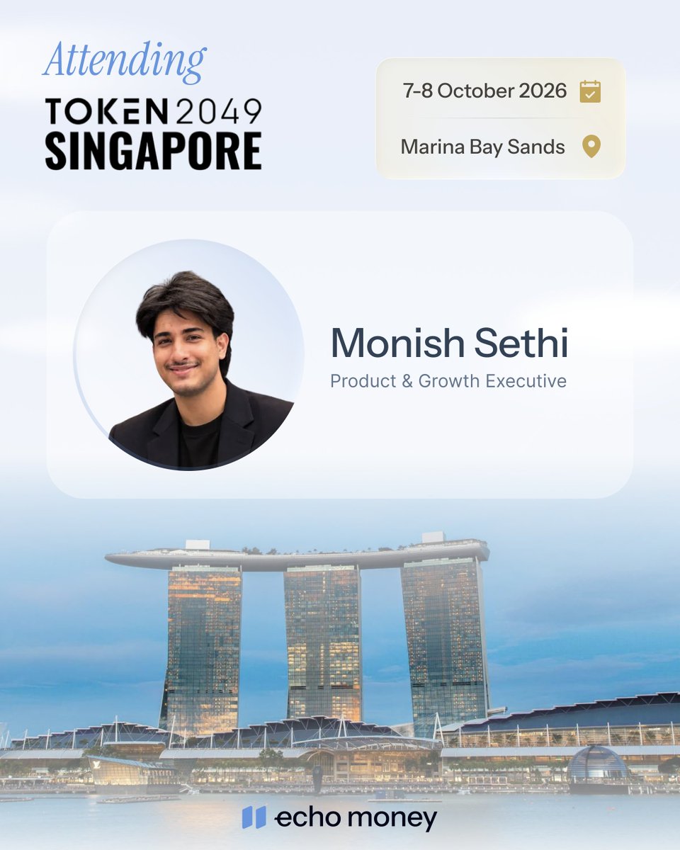 echomoneyHQ's tweet photo. @token2049, we're in 🇸🇬✈️

Monish Sethi, our Product & Growth Executive, will be at Marina Bay Sands on Oct 7 and 8.

If you're building global fintech products, scaling cross-border, or just want to talk about how stablecoins are changing the way money moves, he'd love to connect.