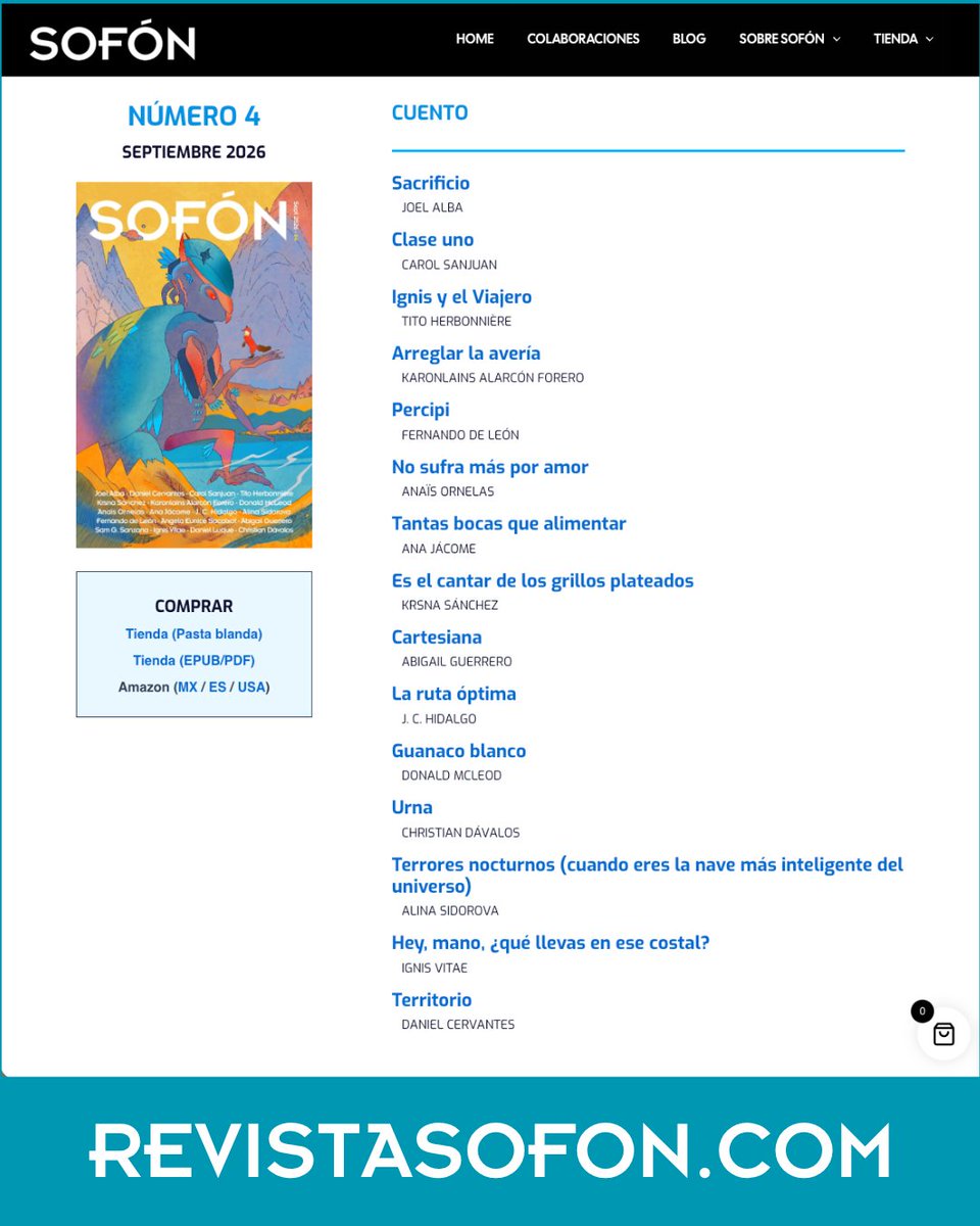 RevistaSofon's tweet photo. ¡Atención a nuestros lectores y amantes de la literatura especulativa!
Los 4 números de Sofón ya pueden leerse de manera gratuita desde la página: https://t.co/v5mUXeKuUv
Cuando un mejor futuro se vuelve difícil de imaginar, la ficción se hace muy necesaria. https://t.co/H48vCmnJcl