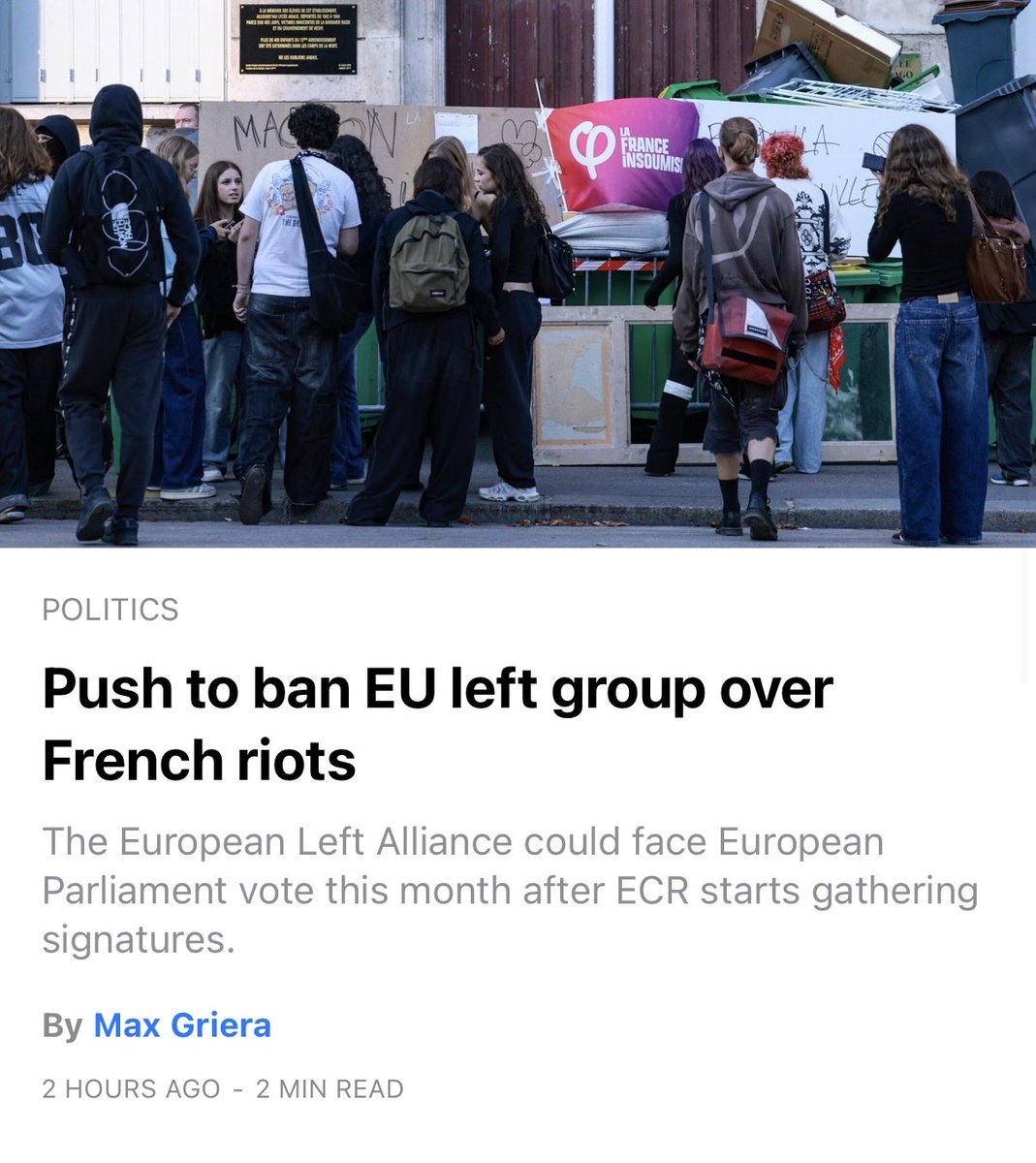 alemannoEU's tweet photo. A little-used EU oversight mechanism has gone mainstream, but risks being misused.

@ecrgroup’s MEPs want a 19 Oct plenary vote asking the EU parties Authorities to check whether the European Left Alliance respects Art. 2 TEU, after the French PM's office alleged @FranceInsoumise organised school protests, some violent. 

In any case a first step, not a deregistration.