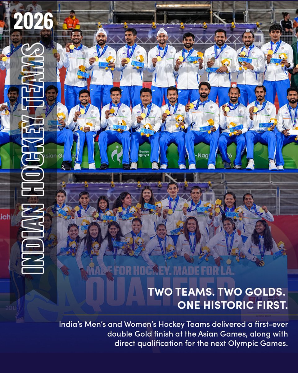 STC_Bengaluru's tweet photo. DOUBLE GOLD JUST HIT DIFFERENT! 😮‍💨🏑🇮🇳
Both Indian Hockey teams stood on top of the Asian Games podium, creating a historic first and punching their tickets directly to the next Olympics! 🥇🥇🔥
 #BharatSetsNewRecords https://t.co/MKoWhQt6Ua