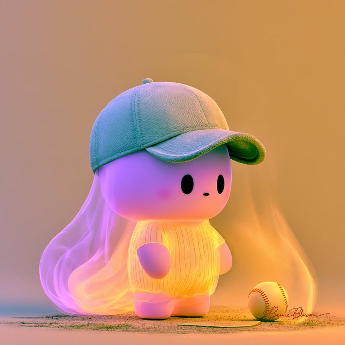 A 3D-rendered cute, round character wearing a blue baseball cap and yellow sweater, holding a baseball, with soft purple and yellow lighting.