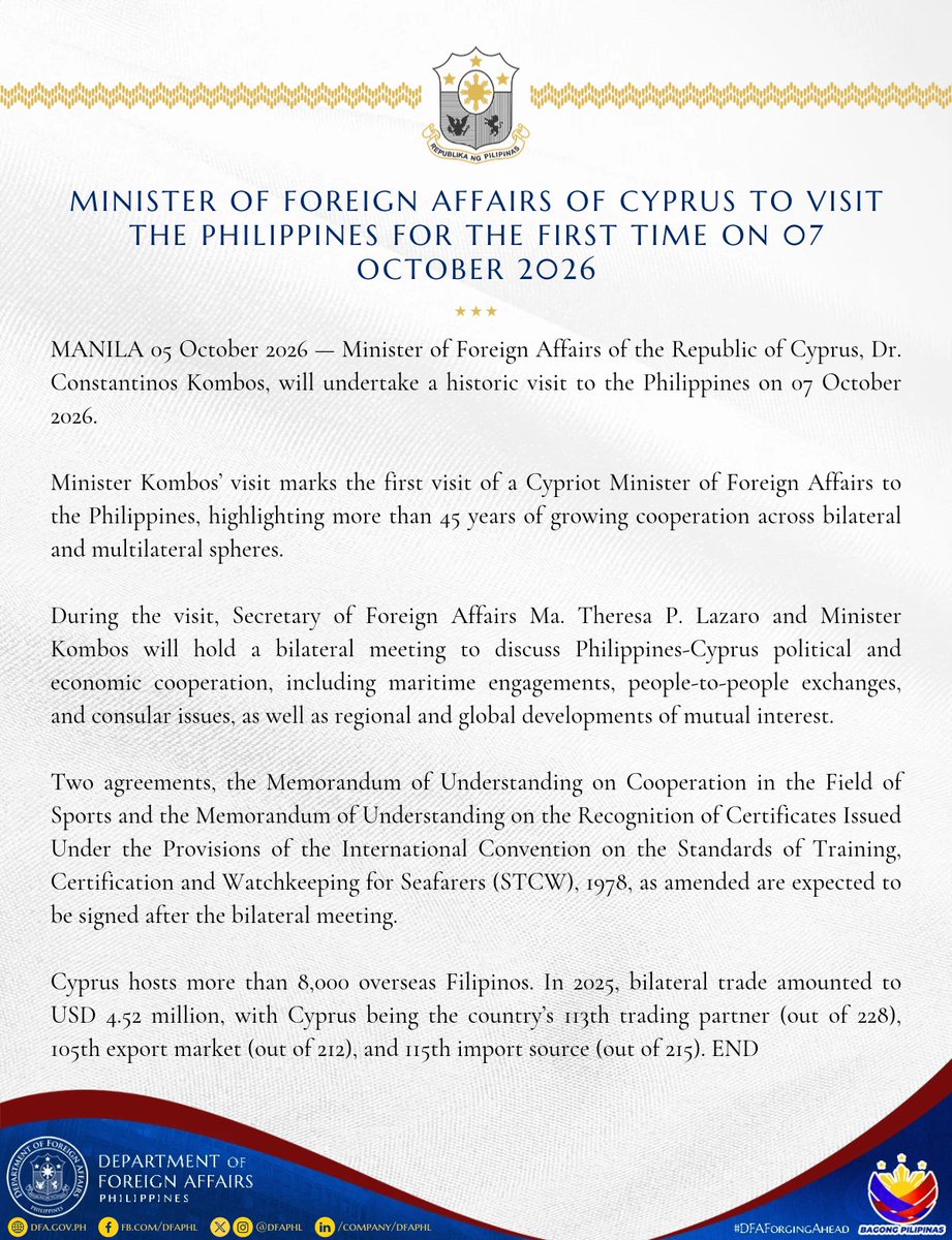 DFAPHL's tweet photo. READ #DFAStatement: Minister of Foreign Affairs of Cyprus to Visit the Philippines for the First Time on 07 October 2026

Also found in this link 👉🏻 https://t.co/fgx6VmGNnR
#DFAForgingAhead https://t.co/x19HfiEaoM