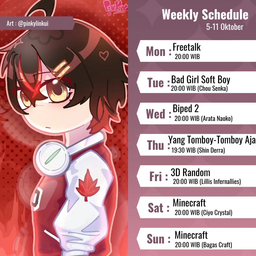 araka_hatsuka's tweet photo. Weekly Schedule 05-11 Oktober 💣💥
#ArakaHatsuka #Tomboy #Vtuber #Vtuberid #VtuberIndonesia https://t.co/FRntVqMmcN