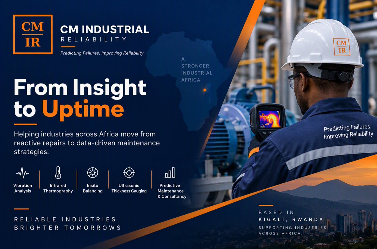 CMIReliability's tweet photo. Data without action is just numbers. At 𝗖𝗠 𝗜𝗻𝗱𝘂𝘀𝘁𝗿𝗶𝗮𝗹 𝗥𝗲𝗹𝗶𝗮𝗯𝗶𝗹𝗶𝘁𝘆, we turn diagnostic insights into guaranteed machine uptime. ⚙️

​Helping manufacturing &amp; process industries move from reactive fixes to predictive strength.

📍Kigali 🇷🇼 

​#CMIReliability https://t.co/EMo2qcIVuL