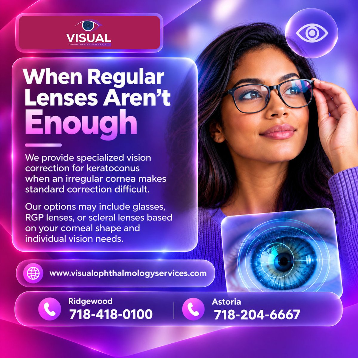visualospc's tweet photo. Is keratoconus making clear vision harder to achieve? 👁️ 

We understand that an irregular cornea can make standard vision correction challenging. 🔎 We offer specialized options, including RGP and scleral lenses, based on your needs. 

#RidgewoodNY #OphthalmologyClinic https://t.co/2JenPAlZTK