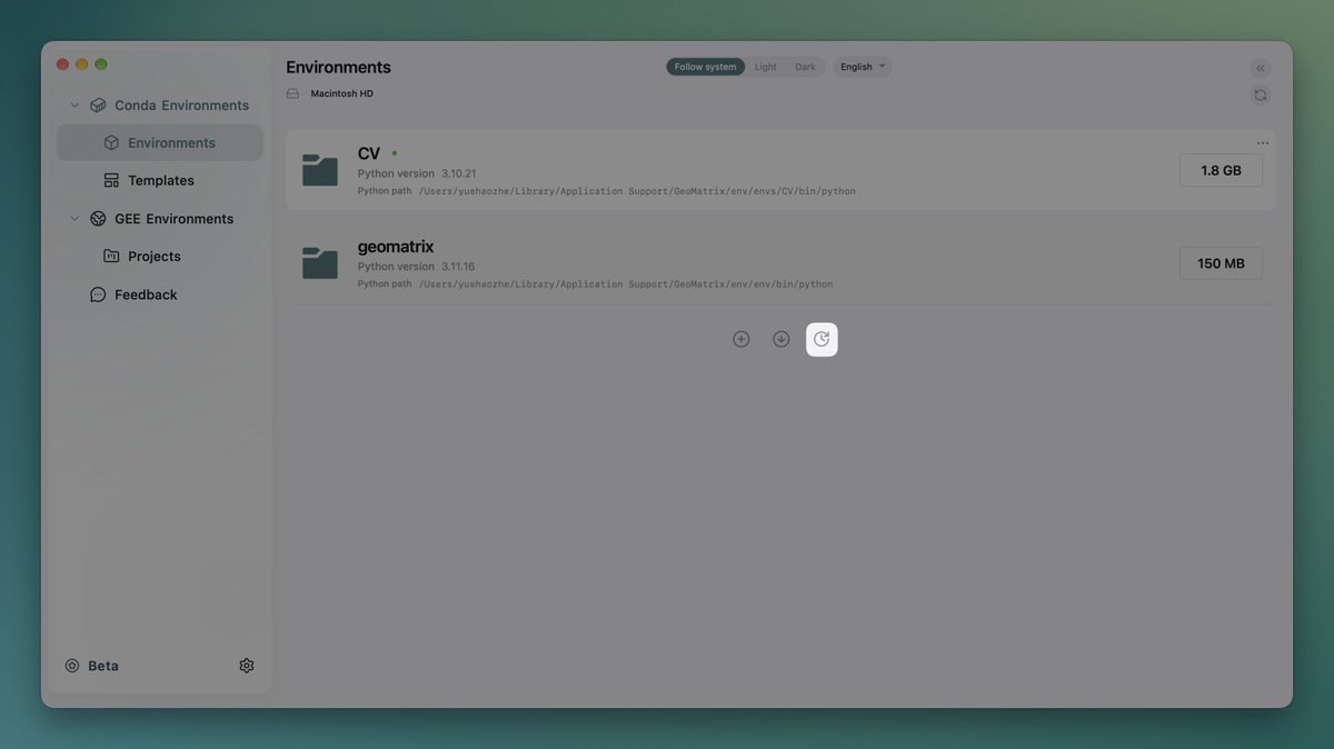 GeoMatrix_Dev's tweet photo. After a week of hard work, GeoMatrix Studio has released version V0.4.0-beta.1

The inspiration for this update came from a classmate in my research group, who noticed while using GeoMatrix Studio that he had to manually click “Scan” every time he opened the software—which was very inconvenient—so I made the necessary changes. Additionally, Apple released the macOS 27 update this week, and GeoMatrix Studio has been updated to support it. The specific updates are as follows:

💡Added your machine’s Conda environments to the local SQLite database for persistent storage.

🛠️Optimized the scanning logic upon launching the software; now you can see all Conda environments immediately upon opening the software without having to manually scan.

🍎Adapted for macOS27.

Come give it a try! 👇

If you have any questions, feel free to contact me via email or on X—your ideas will be directly incorporated into the next release!

#gischat #anaconda #geomatrix #GIS #gis #BuildinPublic #geospatial #DataAnalytics