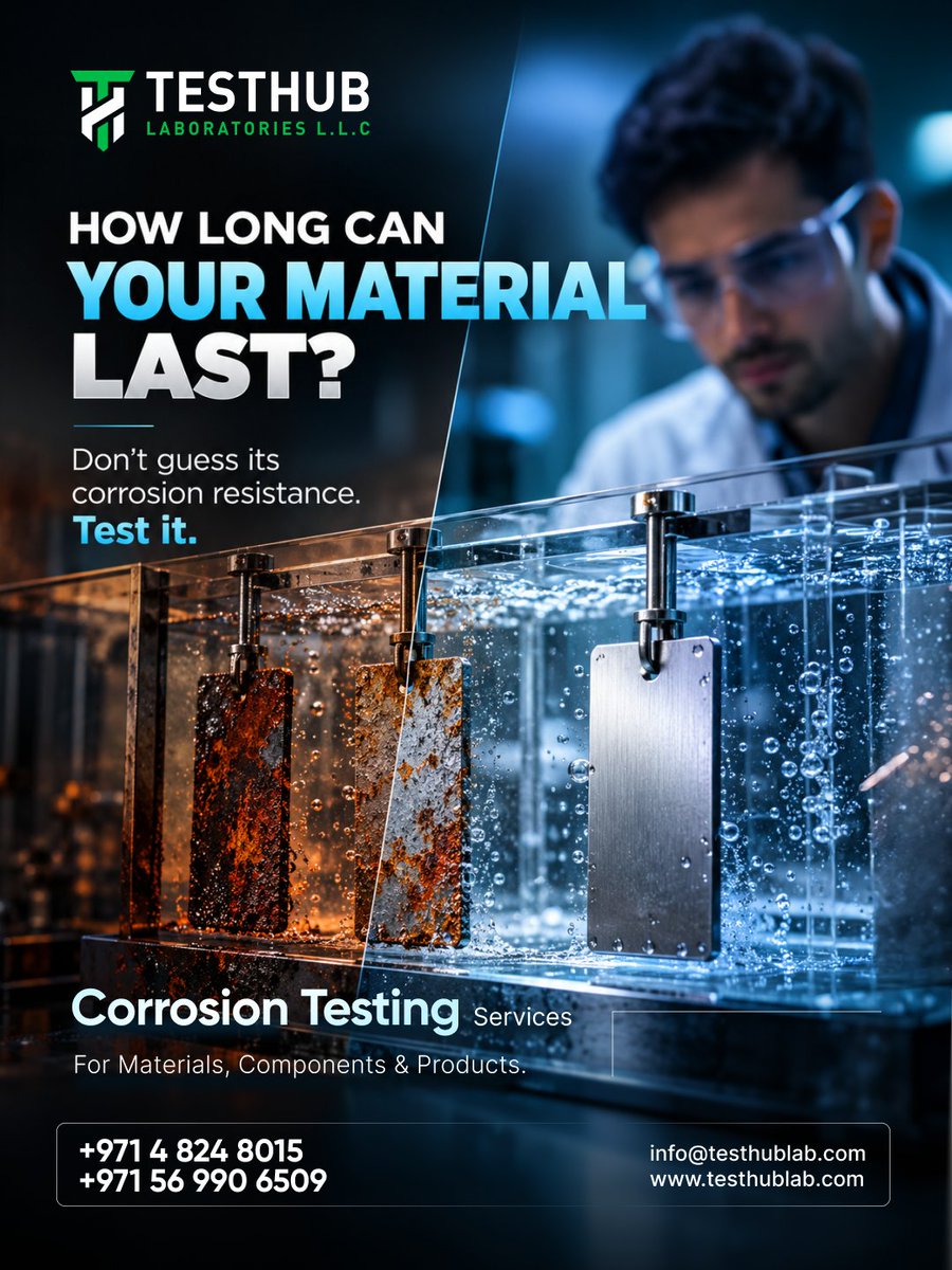 TesthubLab's tweet photo. With professional corrosion testing, you can understand how materials and products respond to corrosive environments before problems occur.
+971 4 824 8015
: info@testhublab.com
: https://t.co/pQIKjxC2VX
Dubai, U.A.E
#CorrosionResistance #CorrosionTesting https://t.co/mvE8WRpdqV