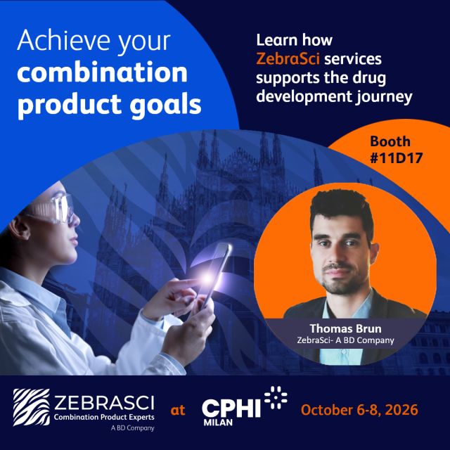 Agnes_CommComm's tweet photo. Meet Thomas Brun, ZebraSci, at CPHI Milan 2026. Booth #11D17 | Hall 11 | Oct. 6-8 From feasibility study and design verification testing, ZebraSci supports combination product programs across the drug delivery journey. #BDemployee https://t.co/IhznaMeLBL https://t.co/cBtXrBO1Va