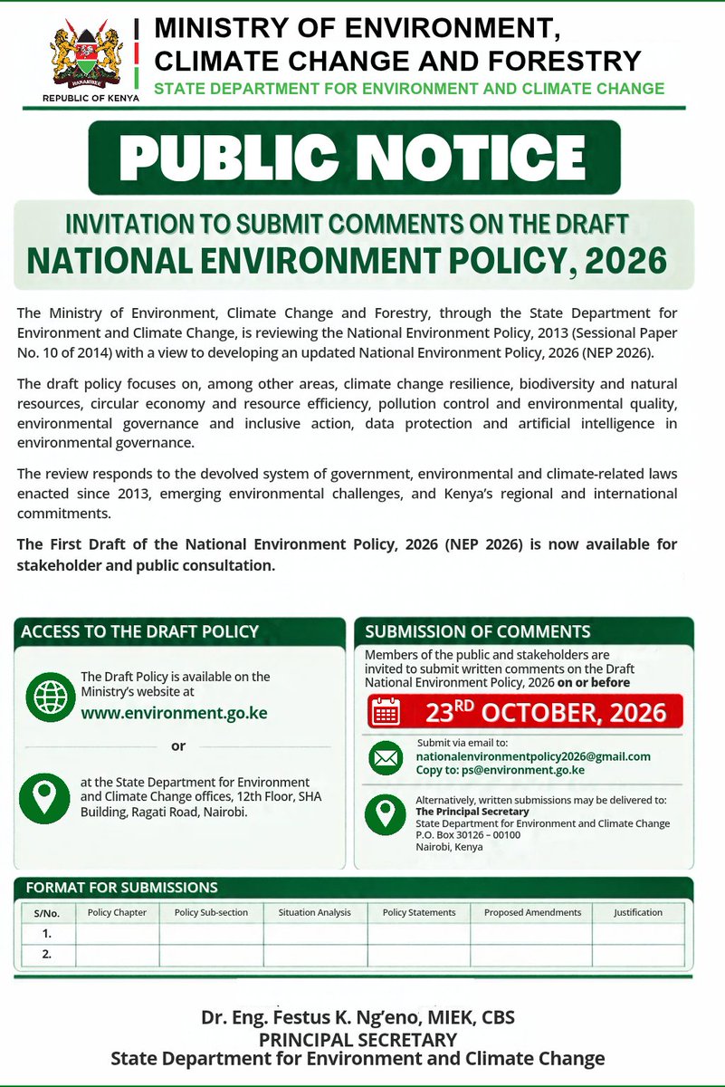 NETFUNDkenya's tweet photo. 𝐏𝐔𝐁𝐋𝐈𝐂 𝐍𝐎𝐓𝐈𝐂𝐄 | 𝐘𝐎𝐔𝐑 𝐕𝐈𝐄𝐖𝐒 𝐌𝐀𝐓𝐓𝐄𝐑  

 The Ministry invites stakeholders and the public to review and submit comments on the First Draft of the #NationalEnvironmentPolicy2026.  

Deadline: 23 October 2026  Link 👇 https://t.co/PwLbXVpE4b 

#NEPReview2026 https://t.co/l7J55iyqOH