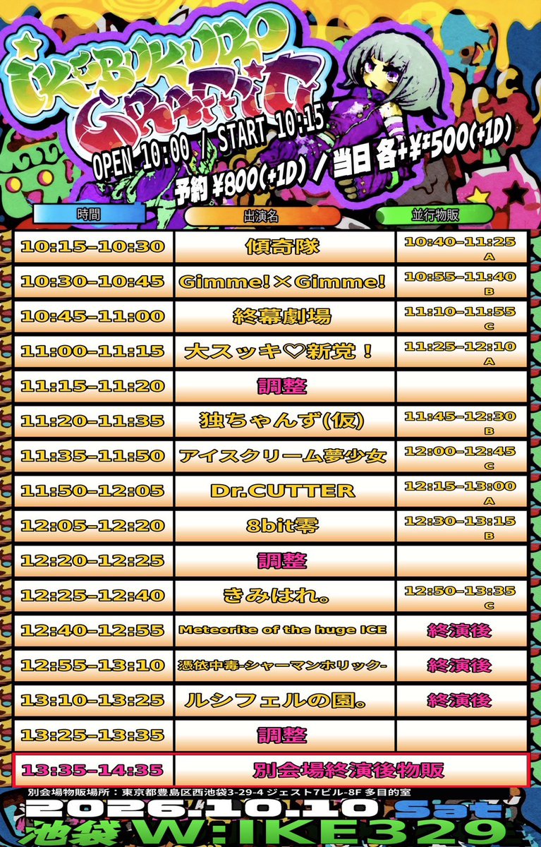 dokutyans's tweet photo. #独ちゃんず出演情報
10/10(土) 池袋 W:IKE329

『Ikebukuro Graffiti』

🎸11:20ｰ11:35
📸11:45-12:30

【時間】10:00 / 10:15
【料金】前売 ¥800 / 当日 ¥1,300 （各1D代別）
【チケット】https://t.co/FDt29OgBba

https://t.co/UzdBYPgw8l https://t.co/4a3FsMjQK6