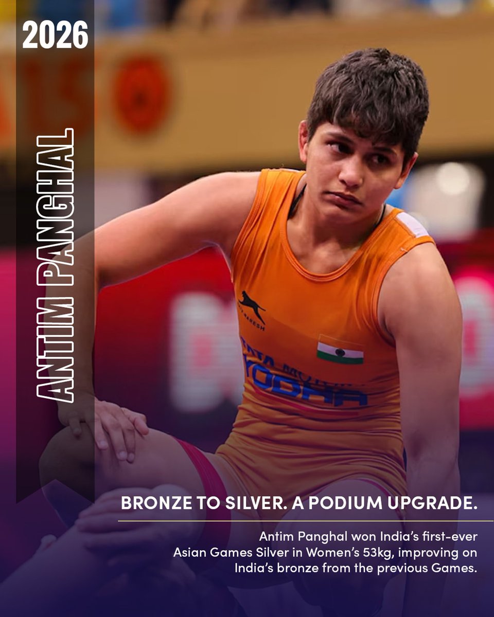 STC_Bengaluru's tweet photo. Antim Panghal levelled UP! 😮‍💨🔥
After India’s previous bronze, she went one better with a historic silver in Women’s 53kg — India’s first-ever Asian Games silver in the category. 🇮🇳🥈
 #BharatSetsNewRecords https://t.co/3E5v9zIiVn