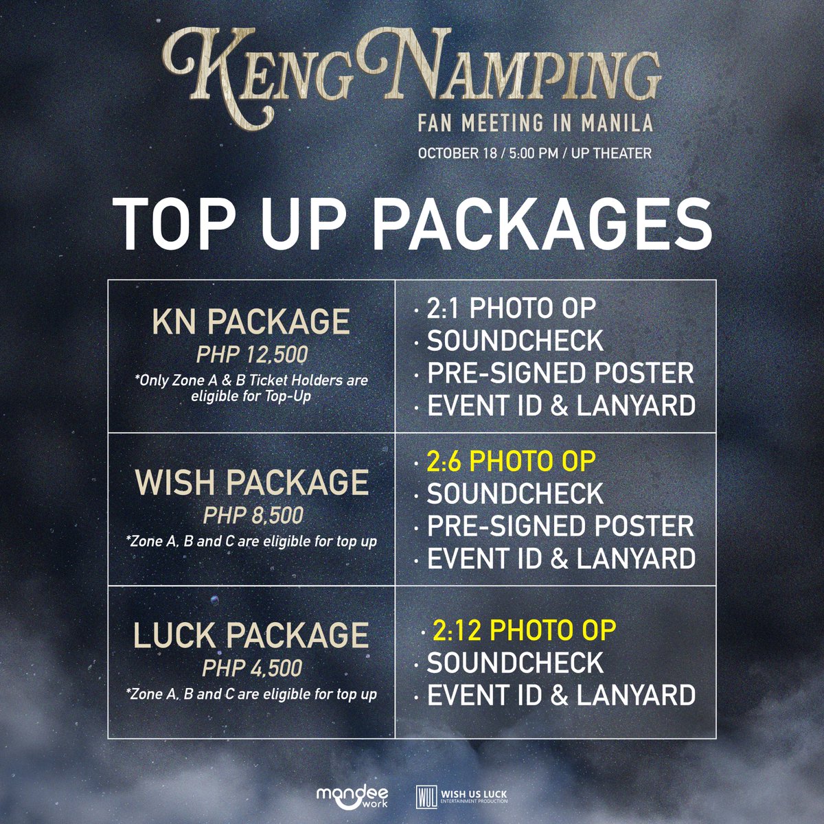 kengnampingphil's tweet photo. [261005] Seat Update 🚨

OHOHs, the big day is almost here! 🥹 LESS THAN TWO WEEKS LEFT! ⏳

If you’ve been waiting for the right time to secure your seat, this is your sign! 🤍

KengNamping Fan Meeting in Manila seat availability as of October 5, 2026, 1:30 PM (PHT):

🎫 Zone A: 198 seats left
🎫 Zone B: 305 seats left
🎫 Zone C: 70 seats left

And yes, ALL Top-Up packages are still available! ✨

You still have a chance to see KengNamping up close, so don’t miss the opportunity to be part of their first Manila fan meeting! 🦆🐰🤍

Buy your tickets here: https://t.co/NCnpd2mflg

If you wish to be part of our fan projects, you may donate here (we are accepting donations until October 7, 2026): https://t.co/4TQrWisJhf

#KengNampingFMinManila
#KengNamping #เก่งน้ำปิง