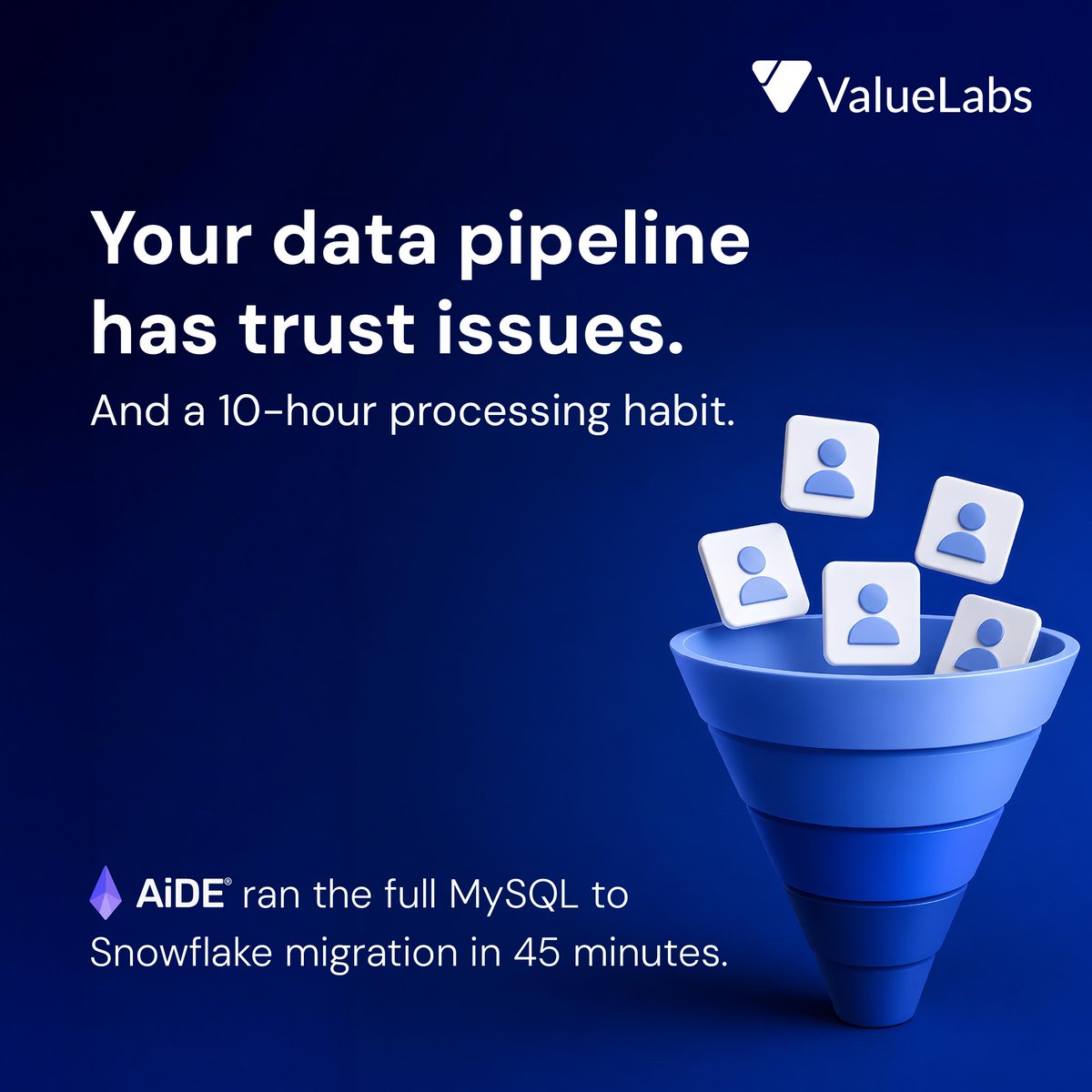 ValueLabs's tweet photo. Nobody volunteers for data migrations. And honestly? Fair.

ETL. Schema transformation. Dimensional modeling. Integrity checks. It's the work that makes engineers go quiet when it gets assigned.

AiDE®, our Agentic AI platform, took the whole thing, extraction, transformation, loading, star schema design, validation, and wrapped it up in 45 minutes.

Your engineers deserve better problems to solve. Know more: https://t.co/RMbEtso3SW

#AIDevelopment #Data #AgenticAI #AiDEAgents #DoingTheRightThing #ValueLabs