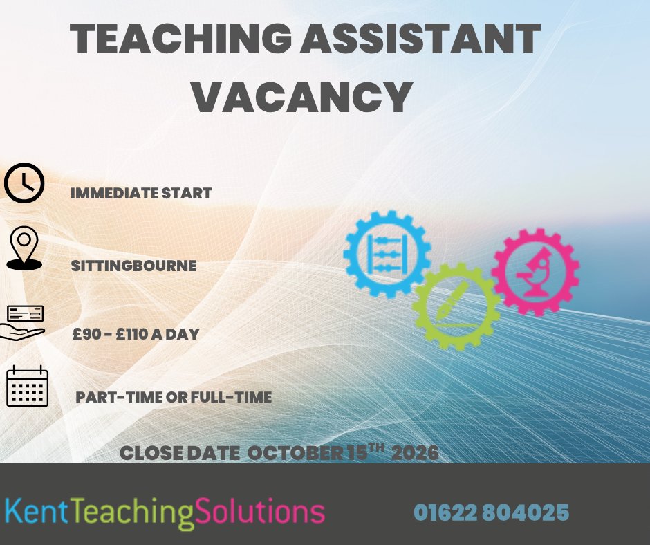 KentteachingKTS's tweet photo. We have ongoing work across 2 primary schools in Sittingbourne. If you are looking for full or part time TA work in this area, please do click the link and apply immediately , as we have work to start straight away.

https://t.co/CuweMkhfcC https://t.co/LhDLKUfARd