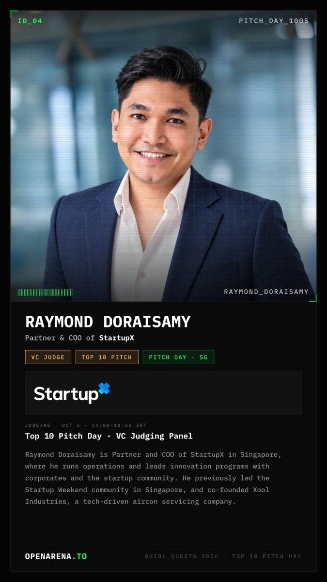 OpenArena_To's tweet photo. Meet Raymond Doraisamy — VC judge, Top 10 Pitch.

Partner and COO at StartupX. Closed door, invite only.

Oct 5 · 14:00–18:50 SGT

Open seats are Oct 6 ↓
https://t.co/iz2RgLByJh
https://t.co/HETB0CkPzm https://t.co/U0ZfSWBanL
