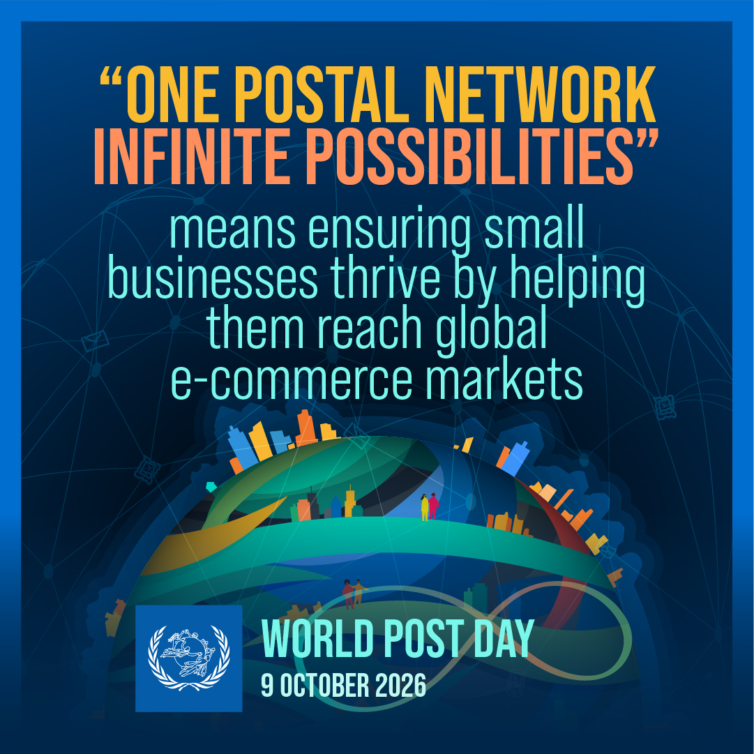 UPU_UN's tweet photo. 🌎#WorldPostDay 2026
“One postal network, infinite possibilities” means helping small businesses reach the world.
By connecting entrepreneurs to global e-commerce markets, postal networks support growth, innovation, and economic opportunities. 🤝
#OnePostalNetwork https://t.co/oZPjYnGHcA