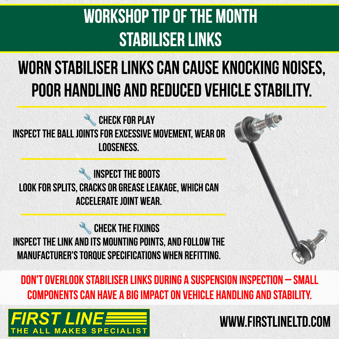 FirstLineuk's tweet photo. 🔧 WORKSHOP TIP OF THE MONTH

STABILISER LINKS: CHECK THE DETAILS

Worn links can cause knocking, poor handling &amp; reduced stability.

🔧 Check for play
🔧 Inspect boots for damage or grease leakage
🔧 Check fixings &amp; torque to manufacturer specs https://t.co/275jKpaMQa