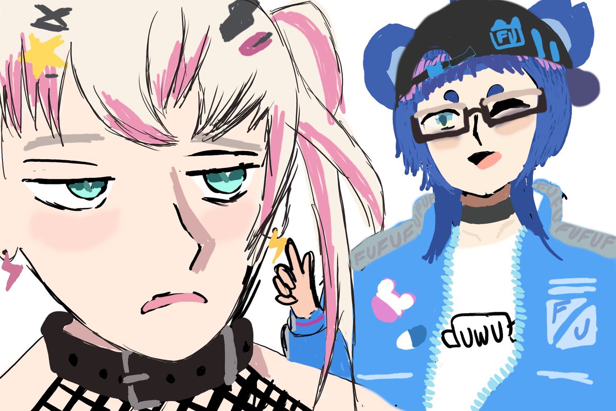 CafeClone's tweet photo. Day 4 of Phasetober! Uruka with this outfit gave me the scene in Clannad where he's dressed like a rapper and went from there. Kind of was between that and another idea but this one had Lia and I kind of wanted to have her in it
#urukart #phasetober #phasetober2026 https://t.co/HuFrBK2PKu