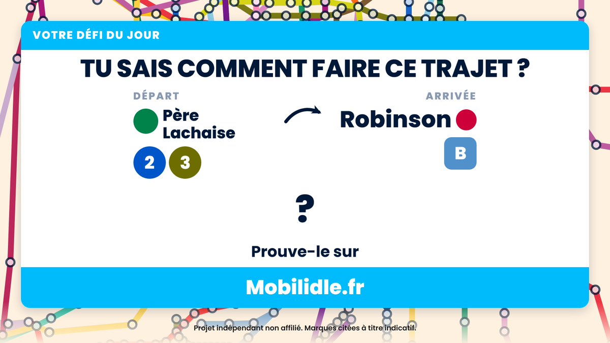 mobilidle's tweet photo. Le défi du 5 octobre 2026 : Père Lachaise → Robinson.

Le meilleur trajet, pas le premier qui marche. Lien en bio.

#Mobilidle #IleDeFrance #Transports #Metro #RER #Transilien https://t.co/vChB0NSWOP