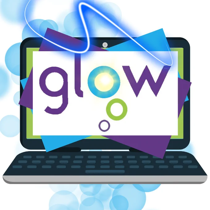 Laptop screen displaying the Glow logo with colourful geometric shapes and glowing light effects around the letters.