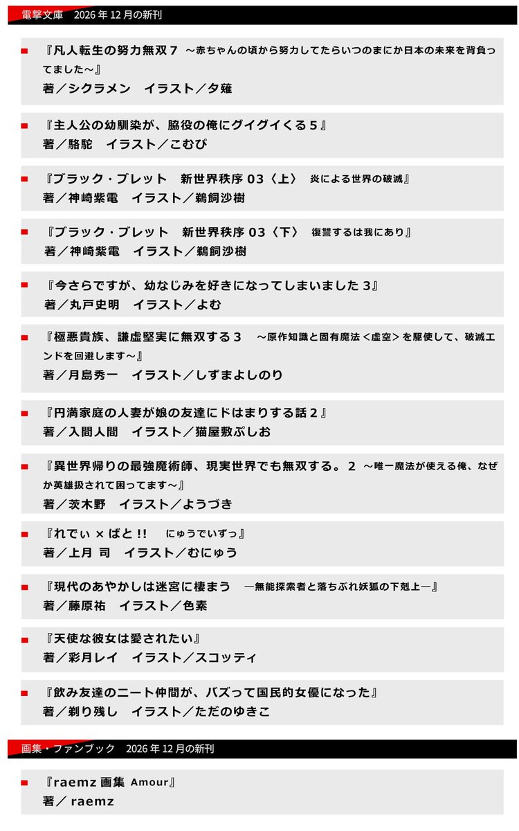 bunko_dengeki's tweet photo. 【電撃文庫12月刊ラインナップ情報解禁！】
2026年12月10日発売予定の電撃文庫ラインナップはこちら📚 https://t.co/draT1X9K7b