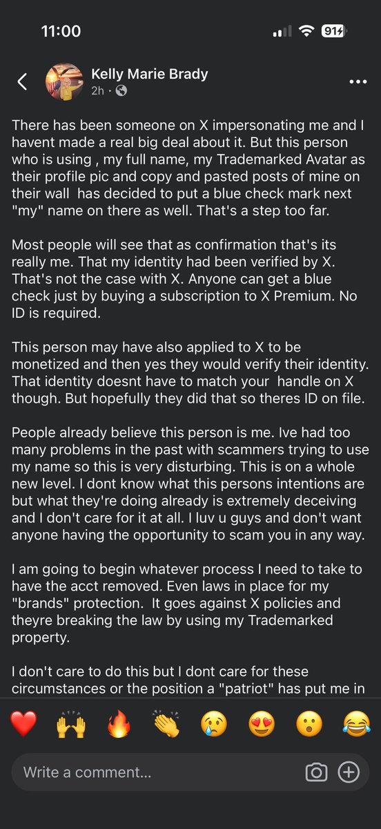 PatriotJen33's tweet photo. @dusktodaun @KellyMarieBrady Yep, it’s fake. Check her post on FB. She said no ID is needed until this account wants to make money and then and ID is needed. https://t.co/JPj4G7A2UB
