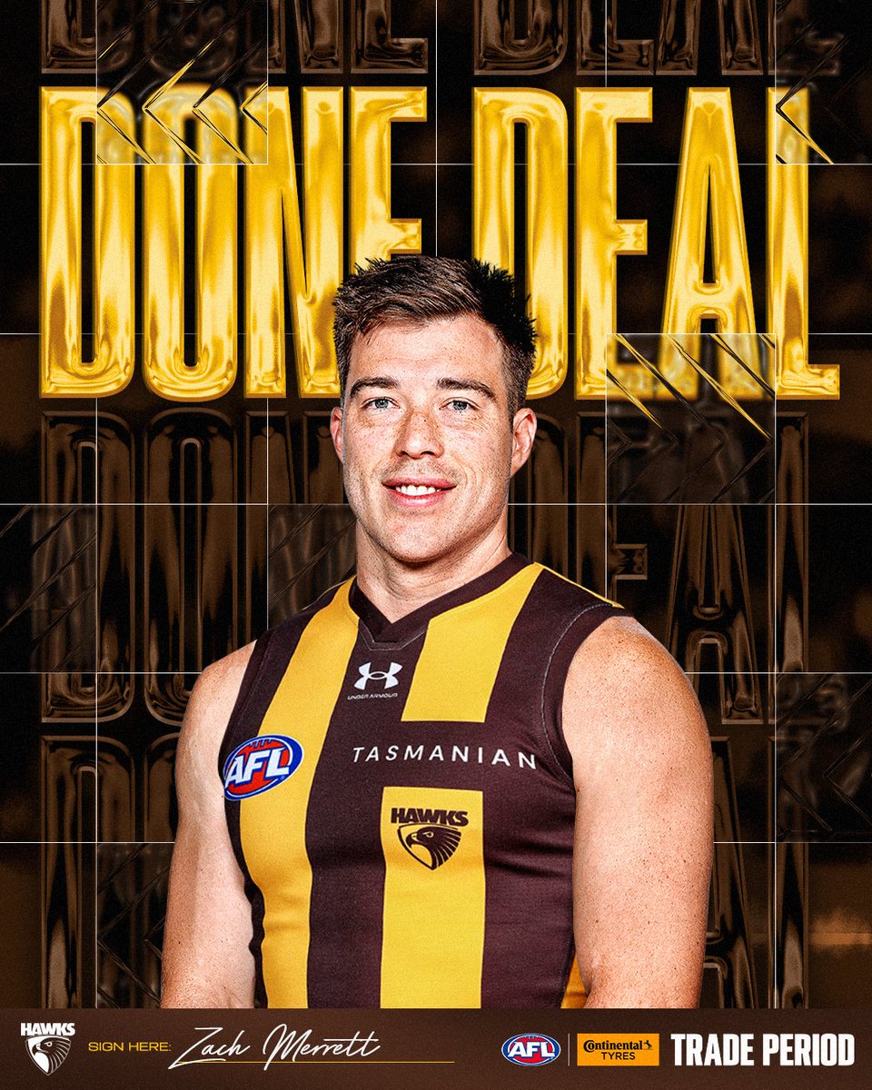 AFL's tweet photo. He FINALLY gets his move 🟤🟡

Essendon has traded Zach Merrett to Hawthorn for picks 15 and 25 in the 2026 Telstra AFL Draft and a 2028 future second round selection.

Thanks to Continental Tyres of Australia. https://t.co/3NP862x0ho
