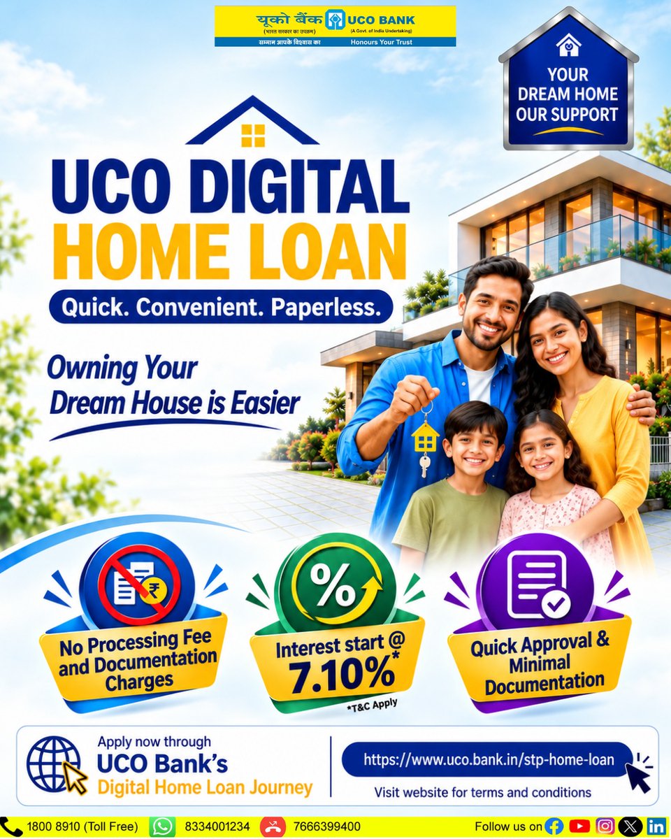 UCOBankOfficial's tweet photo. Your dream home is now closer than ever!

With UCO Digital Home Loan, make your home-buying journey simple, seamless and digital.

Apply with ease and take one step closer to turning your dream home into reality.

#UCObank #UCOgoesdigital #DigitalBanking #HomeLoan https://t.co/5wYPTKpu0H