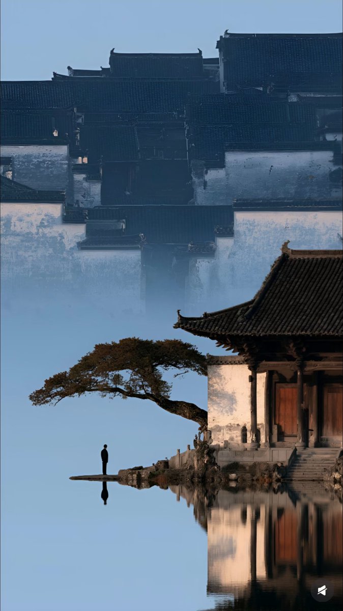 xiruimama1's tweet photo. 徽州巨构临水，一人立烟波。 https://t.co/KrA4v9Efdv