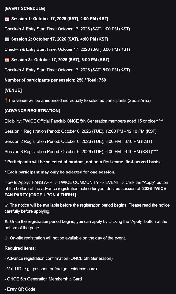godmitzu's tweet photo. TWICE 11th anniversary fan party will have three sessions for 750 ONCEs in total selected at RANDOM at an undisclosed venue in Seoul. https://t.co/yWxLN8Kv8l