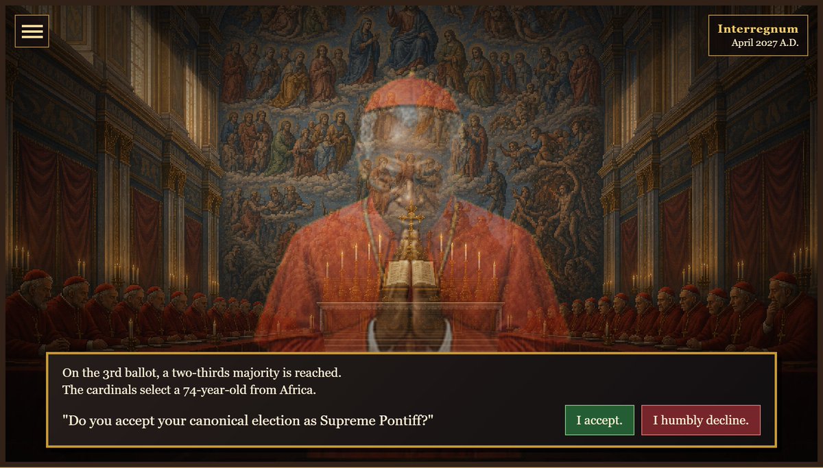 StuffForSisters's tweet photo. PAPACY (v10.05), a game I am making in my spare time with AI, is playable free online: https://t.co/fTBvq3LlVk https://t.co/5021s10rzf