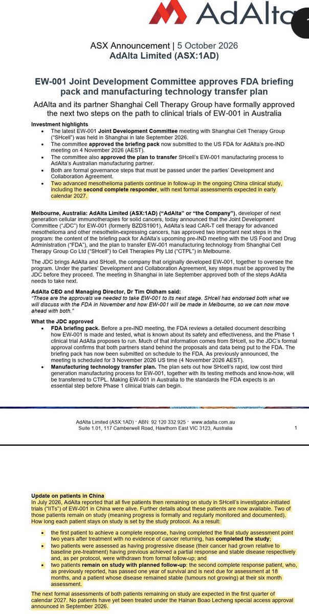 ASXnCrypto's tweet photo. $1AD
@AdAlta1AD & #SHCells EW-001 JDC approves @FDA pre-IND briefing pack (meeting 4 Nov) + manufacturing tech transfer to Melbourne.
#CancerCure #Mesothelioma #ASX #BioTech #CarT #CellTherapy #Cancer @CancerCouncilOz @CCNewSouthWales @CancerVic @CancerCouncilSA @CancerCouncilWA https://t.co/yyyrOUZY0T