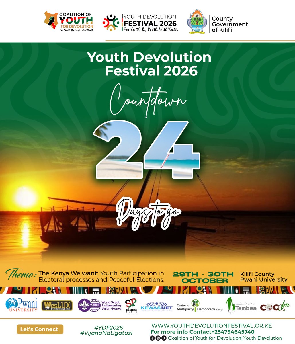YouthDevolution's tweet photo. 24 days to #YDF2026
#Twendekilifi #VijanaNaUgatuzi #ElectionsbilaNoma https://t.co/1Kw7vH4h2I