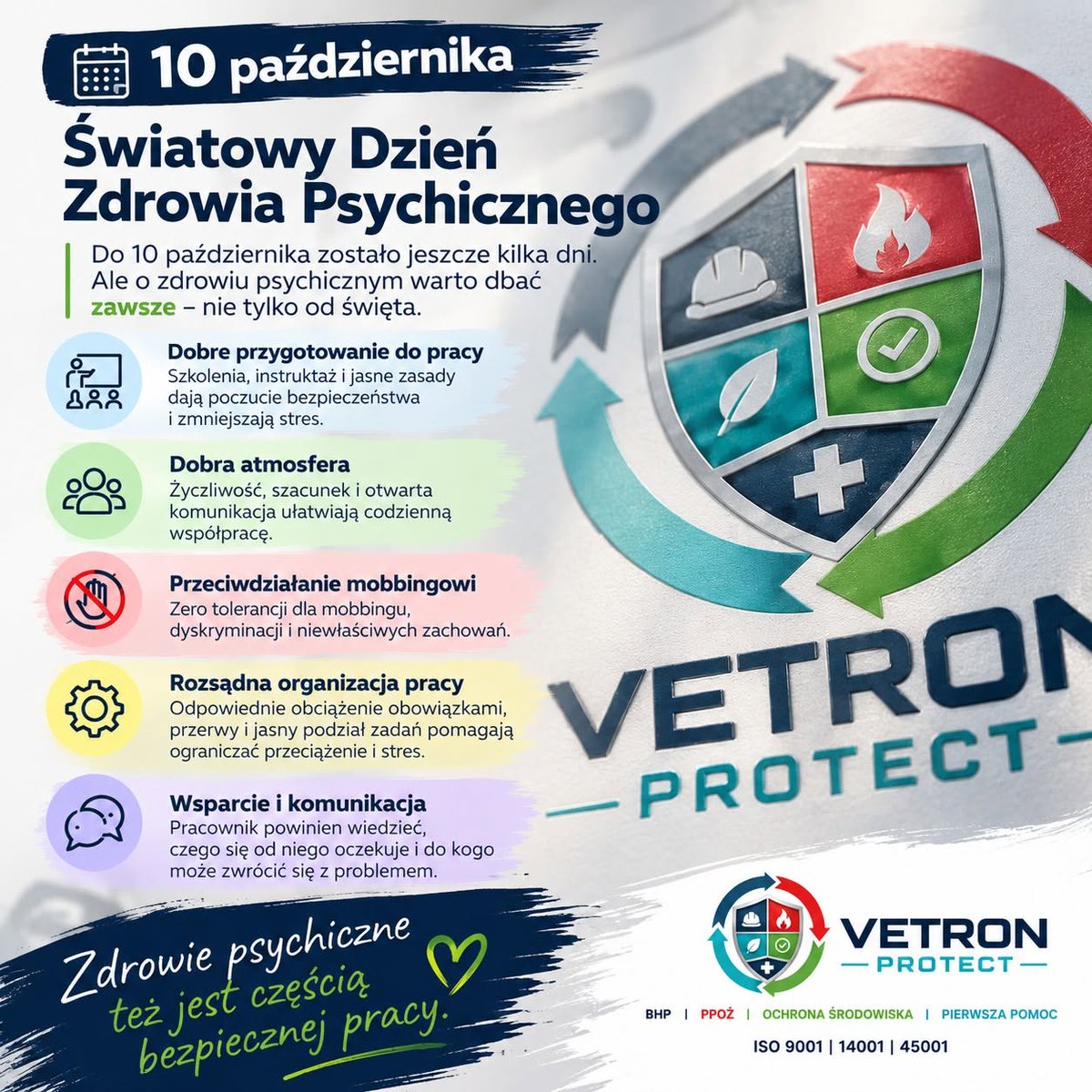 vetronprotect's tweet photo. 🧠 10 października – Światowy Dzień Zdrowia Psychicznego

Bezpieczna praca to nie tylko kask i instrukcja BHP. To także szacunek, dobra atmosfera, rozsądna organizacja pracy i możliwość rozmowy o problemach.

Dbajmy o zdrowie psychiczne – każdego dnia.

#ZdrowiePsychiczne https://t.co/jzUDXQbRHJ