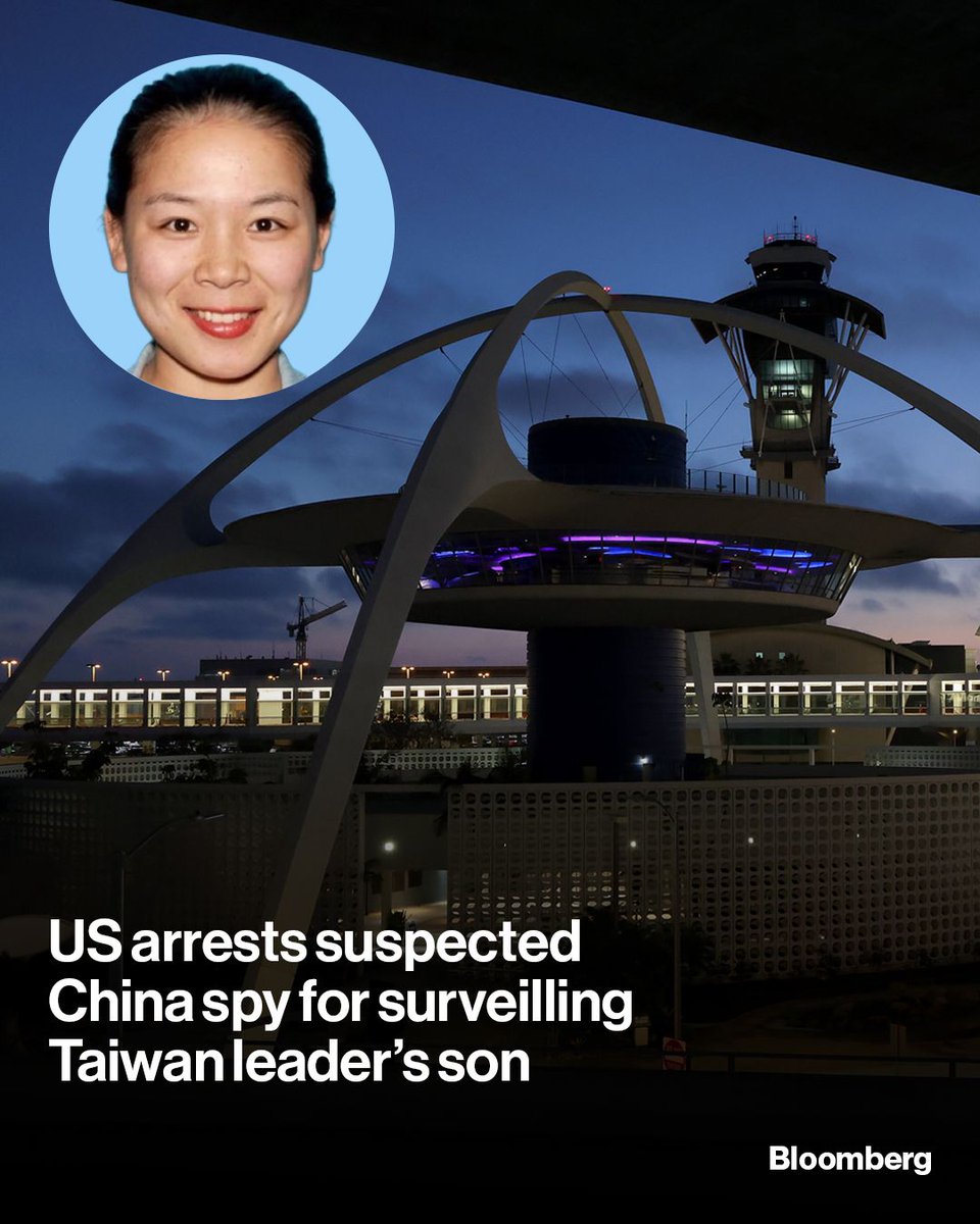 business's tweet photo. A woman suspected of spying for China by surveilling the Taiwanese president’s son and his family has been arrested by the US at Los Angeles International Airport before she could board a flight to Shanghai, according to the Federal Bureau of Investigation, as tensions linger between the rival superpowers. https://t.co/aPgoeg5jWN

📷: FBI
📷: Luke Hales/Getty Images