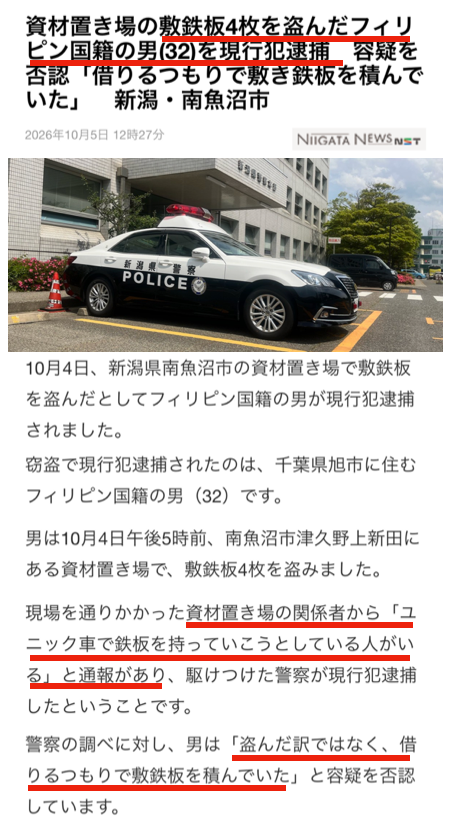 YukokuTV1's tweet photo. フィリピン人の金属窃盗『盗ンダ ツモリハ 無ク、借リルツモリデ 積ンダ』

フィリピン人が資材置き場から金属板４枚を盗もうとする
↓
通りかかった人が通報- 「ユニック(重機)で鉄板を盗もうとしている人がいます」
↓
警察が来て逮捕
↓
フィリピン人『盗ンダ ツモリハ 無ク、借リルツモリデ 積ンダ』

無断で借りるのも罪だからね。

てか、絶対にどう考えても言い逃れできないときであっても、意地でも罪を認めないですよね、こいつらって。

(10/5 新潟NEWS NST)