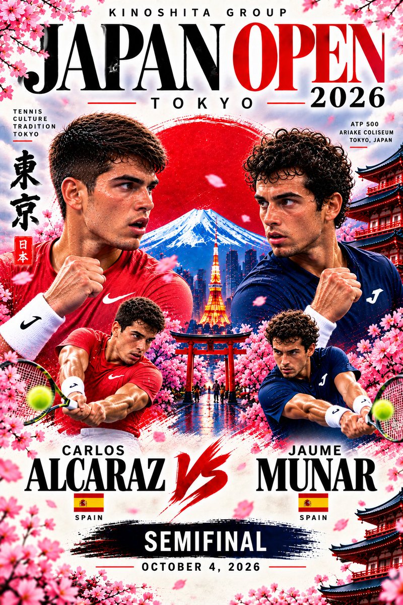 MartinVadebonc1's tweet photo. JAPAN OPEN 2026 β SEMIFINAL π―π΅πΎ
πͺπΈ Carlos Alcaraz vs Jaume Munar πͺπΈ
Two Spaniards.
One place in the final.
Tokyo is ready. π₯
#JapanOpen #Tokyo2026 #Alcaraz #Munar #ATP #Tennis #Semifinal #GENEXNOVA https://t.co/pfxASXDLPf