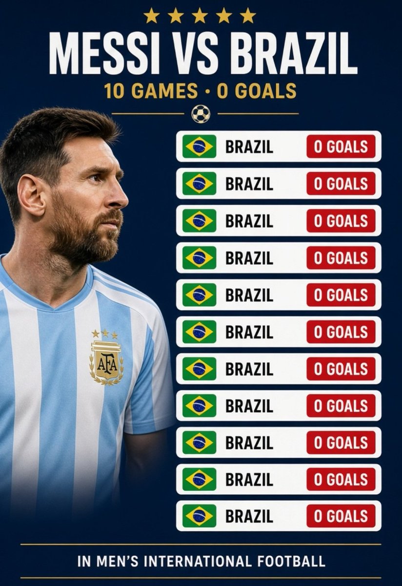 10xfootballl's tweet photo. Messi has never scored against Brazil in his career A stunning record 😳

10 games

0 goal https://t.co/ycyJsXWaOs