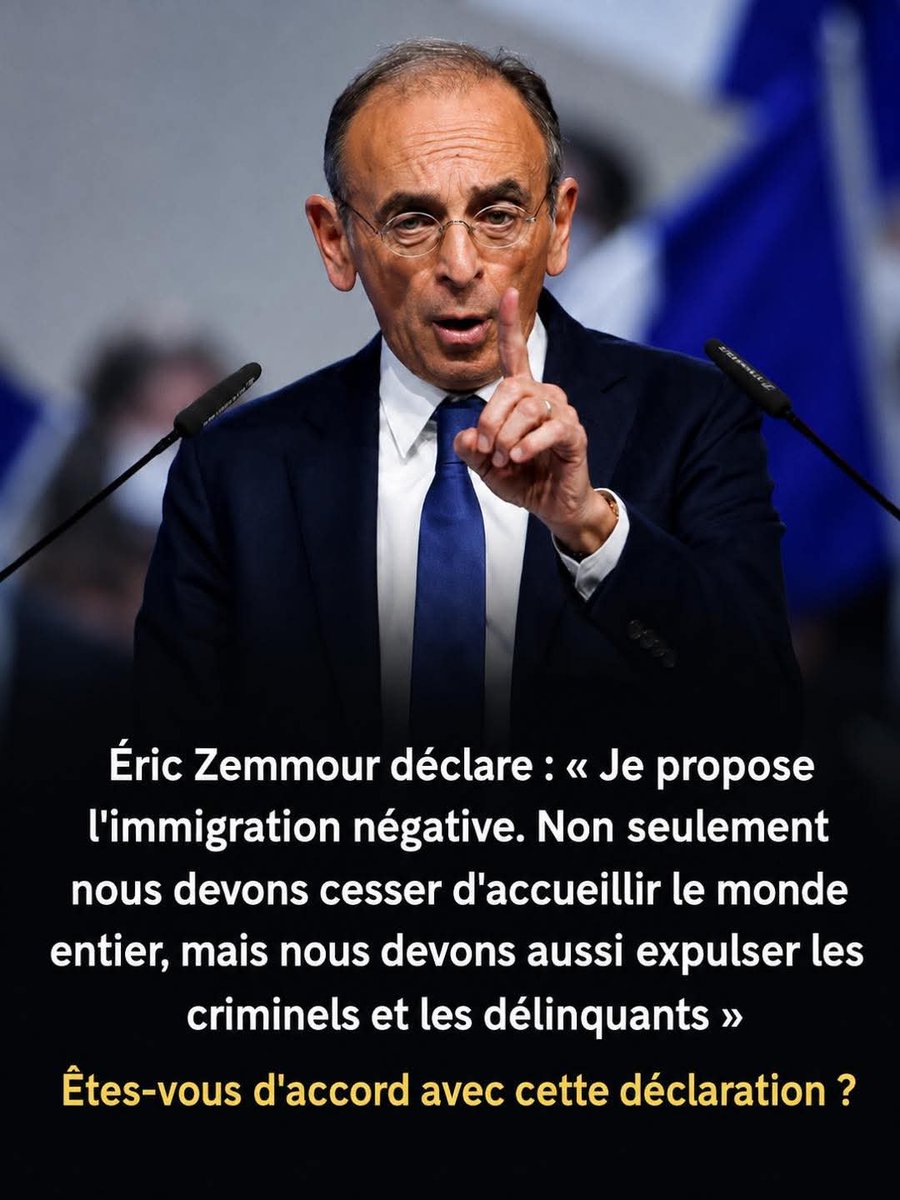 2Halumi's tweet photo. 🇫🇷 Éric Zemmour relance le débat sur l’immigration

Éric Zemmour défend une politique d’« immigration négative » et appelle notamment à l’expulsion des criminels et des délinquants. 
Le vrai courage politique est chez Reconquête !

#france 
#ÉricZemmour
#Remigration 
#Reconquête https://t.co/YwIUq1Mbkc