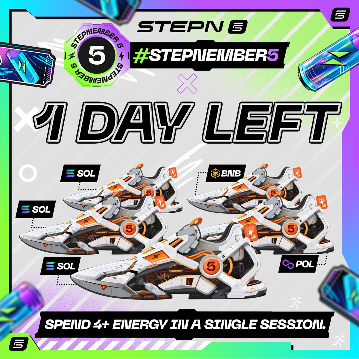Crypto30Y's tweet photo. ⏳ 1 Day Left: STEPNEMBER5 GENESIS LEGENDARY Capsules! 👟🟠

There’s only one day left to complete the missions for all #STEPN 5 Community Goal #3 Challenge Capsules!

👟 5 Genesis Legendary Sneakers
🔵 3 on SOL
🟡 1 on BNB Chain
🟣 1 on POL

🎯 The Mission: Spend 4+ Energy in a single session
🎟️ Entry: 5 GMT per Capsule
👥 Maximum: 55 Tickets per Capsule
📦 5 Capsules
🏆 1 winner per Capsule

Users can participate in all 5 Capsules, giving them multiple chances to win.
And with the 55-ticket cap per Capsule, the entries are more evenly distributed, giving more community members a fair shot. 👥🎟️

⏰ One day left. GL everyone🤞⚡️