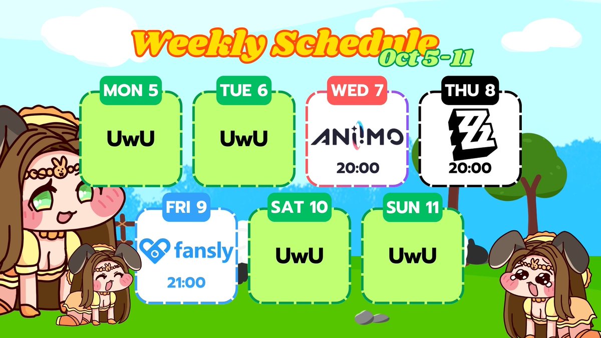 ChloeJParkV2ber's tweet photo. Weekly Schedule. Oct 5-11
💛🧡🐰
#CJParkLive #VtuberTH #VtuberThai #วีทูปเบอร์ #Vtuber #ChloeJPark https://t.co/hQFx33UC68