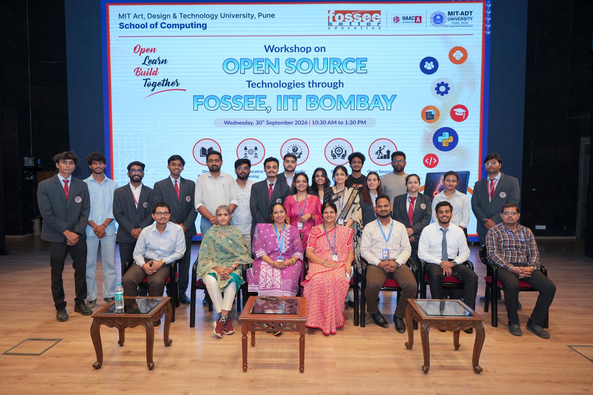 FOSSEE's tweet photo. #FOSSEE, #IITBombay, collaborated with FOSSPHERE – MIT ADT University &amp; the School of Computing, Pune for an engaging workshop on #OpenSource Technologies.

Students explored how #FOSS can empower them to #Learn, #Build  &amp; #Innovate with real-world impact.

📩 info@fossee.in https://t.co/oORwd1ucD3
